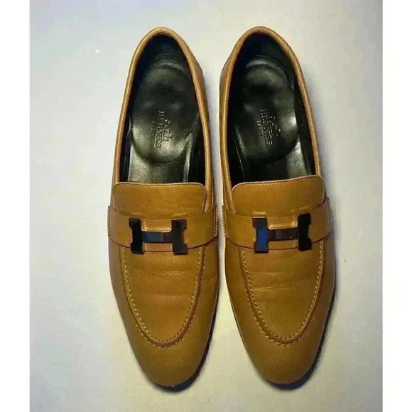 HERMES Paris Loafer 37 7 H Logo Silver Buckle Mules Natural Tan Black Sole - Picture 3 of 12